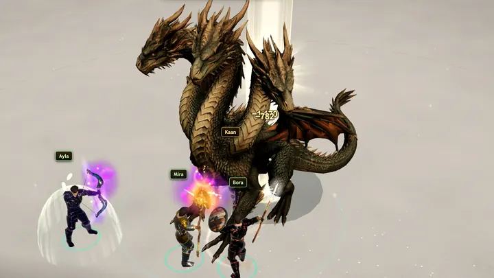 A party fights the three-headed Ancient Dragon in the snow.