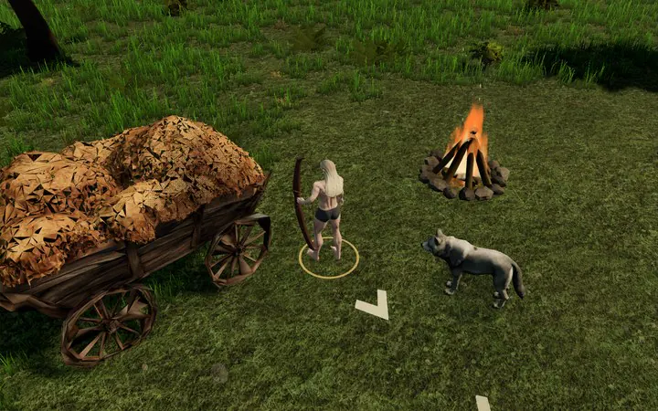 A camp in the afternoon: an archer, a wagon, a campfire and a wolf.