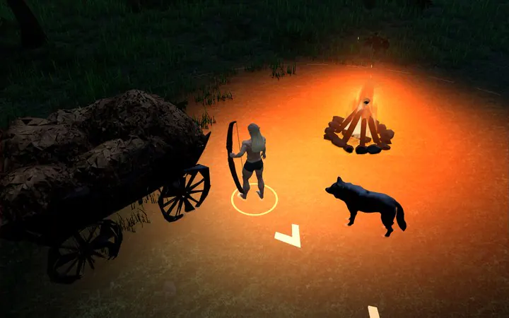 The same camp at night, lit only by the campfire.