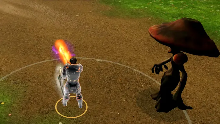 A hero with a burning sword faces an Elder Mushroom Warden in the wild.
