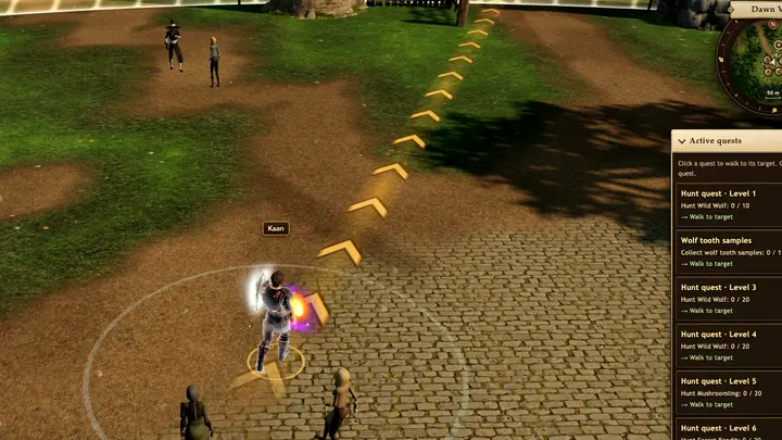 The Traveller’s Lodge square: a hero follows the golden quest trail while the quest list fills the side of the screen.