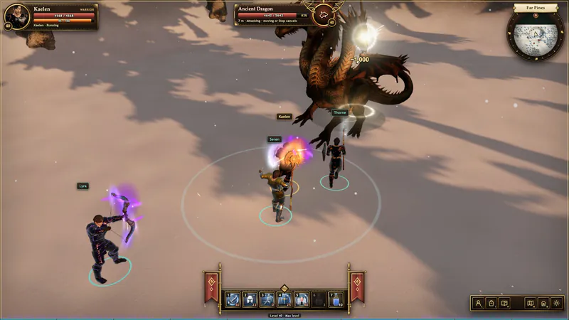 A party of four takes on the three-headed Ancient Dragon in the snow, with the target frame, minimap and skill bar on screen.